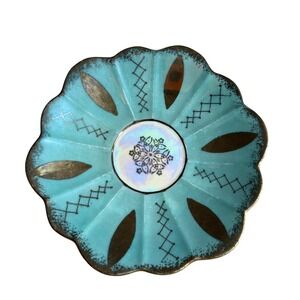 Vtg Norcrest Japan Turquoise Gold Lusterware Saucer Trinket Dish C-136 5.75in